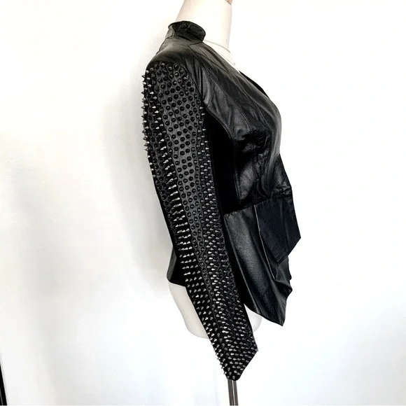 🌟 BEBE Black Genuine Leather Spiked Sleeves Peplum Moto Biker Jacket - Picture 6 of 16
